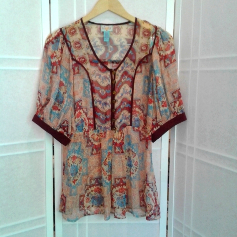 Plenty Tracy Reese red blue silk sheer Boho peasant style blouse